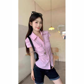 韩系纯欲粉色条纹正肩短袖衬衫女夏季掐腰裁剪设计感显瘦百搭上衣