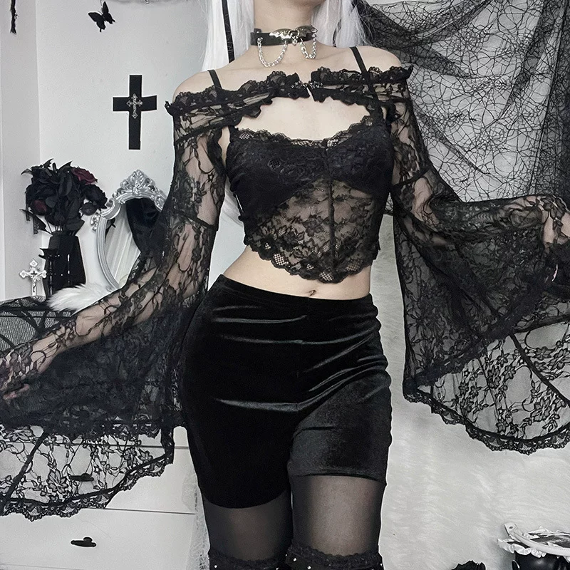 Кроп-топ с открытыми плечами в кружеве (Diablo), Gothic прозрачные рукава-фонарики, сексуальный черный