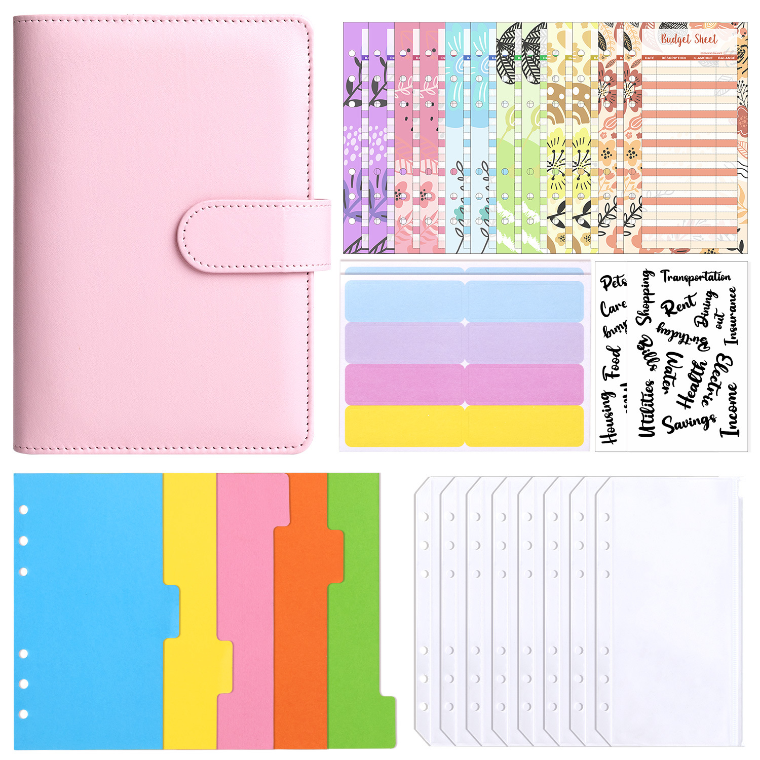 Presupuesto transfronterizo Cash Clip de hojas sueltas Bolsa con cremallera Sobres Libro de cuentas A6 Macarons PU Cuaderno de hojas sueltas de cuero