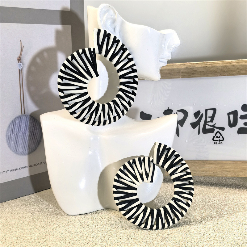 Black and White Striped Circle Earrings, Exaggerated Hand-Woven High-End Earrings, Round Cross-Border Earrings, Earrings