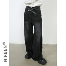 nirben牛仔|新品韩版宽松直筒阔腿牛仔裤男美式复古设计感潮牌裤