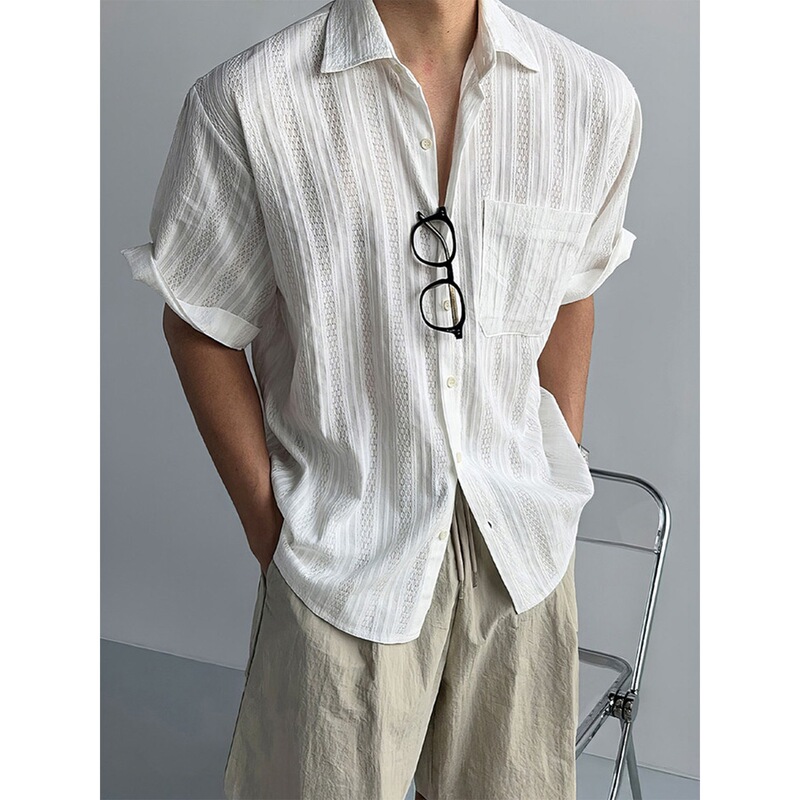 Korean-Style Light Luxury Textured Hollow Mesh Short-Sleeved Shirt for Men, Summer Breathable Trendy Versatile Loose Casual Shirt