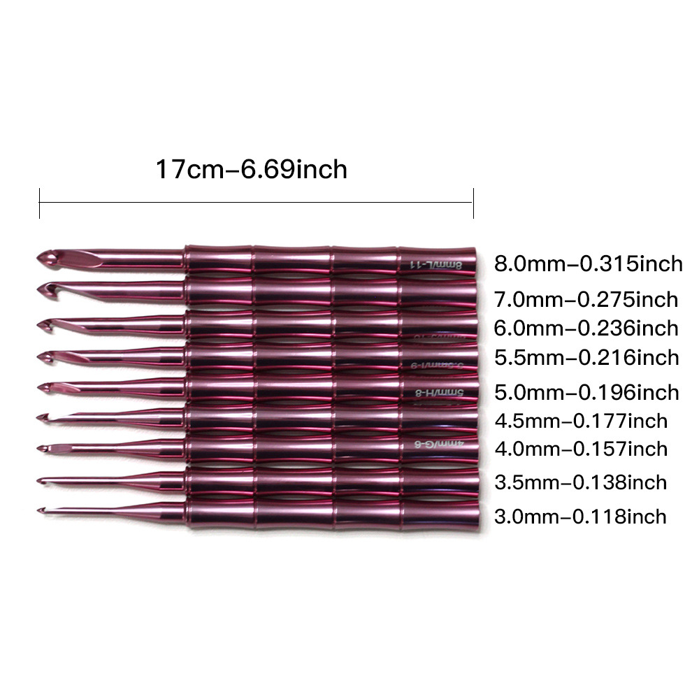 Aguja de tejido transfronteriza de aluminio óxido rosa en forma de ganchillo de bambú pulido a mano mango de ganchillo de bambú 9 piezas