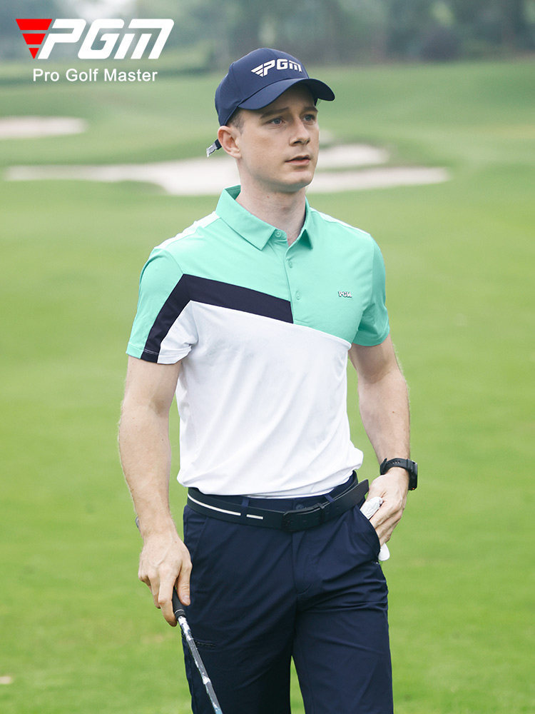 Áo polo golf nam PGM tay ngắn, phối màu tương phản, chất liệu thoáng mát — YF569-màu xanh nước biển, YF569-màu xanh lá cây