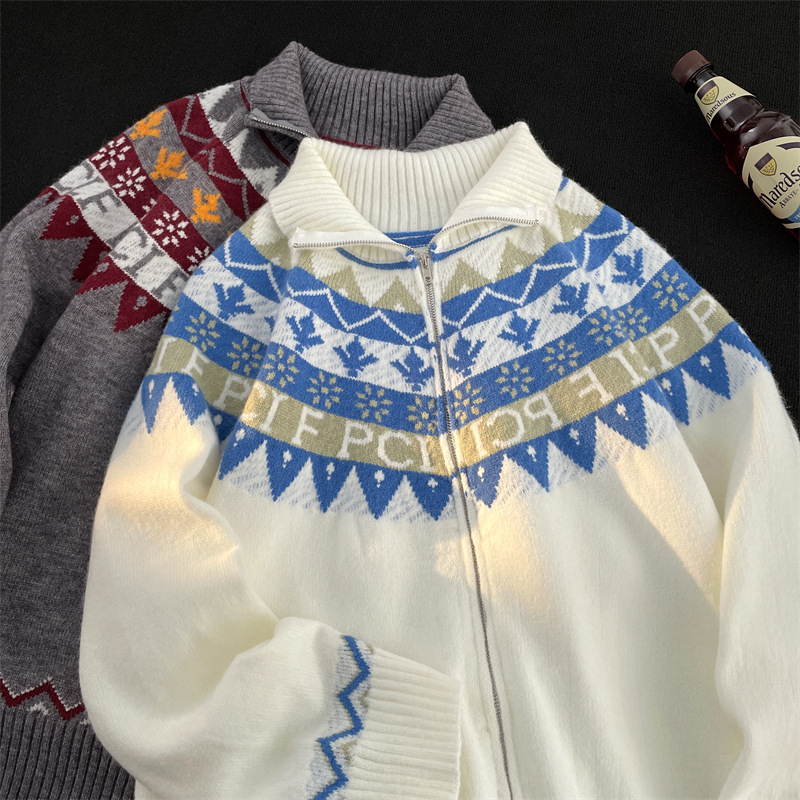 Christmas Atmosphere Cardigan Sweater Men's National Fashion Brand Couple Loose All-match Lazy Lapel American Knitwear Jacket