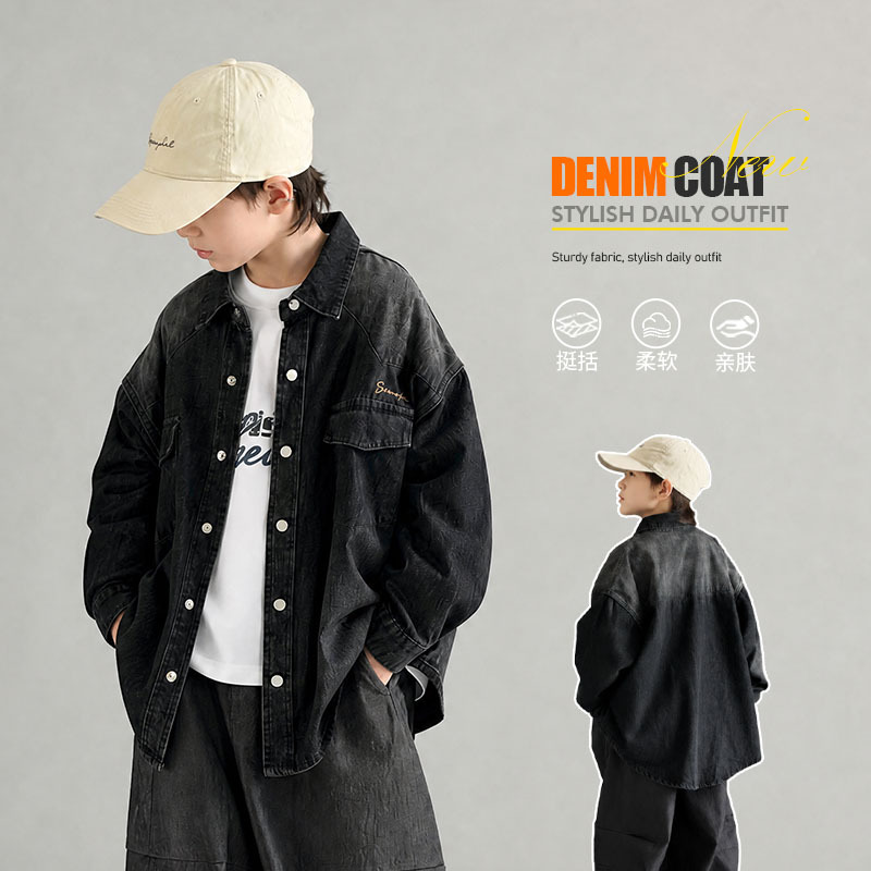 2026 New Style Boys' Black Denim Shirt Jacket, Spring and Autumn, Korean Style, Loose Fit, Workwear Style, Soft and Skin-Friendly, Stylish