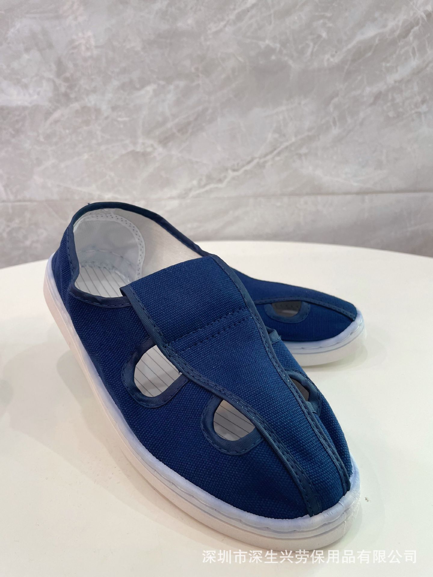 防静电白蓝色四眼孔帆布PU厚软底男女工车间厂流水链劳保无尘鞋子