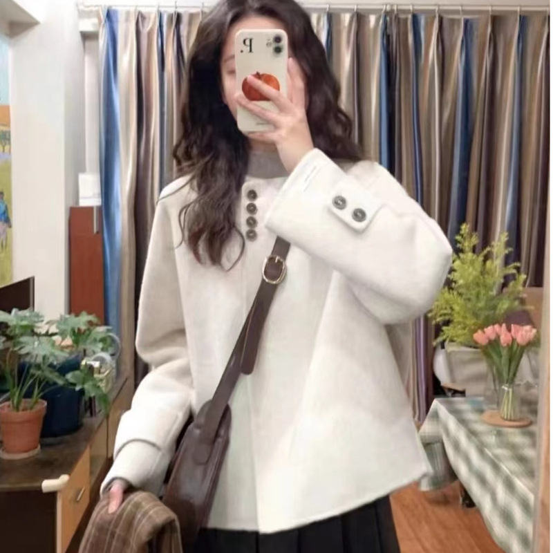 新品亚马逊欧美美式小个子短款毛呢大衣女秋冬韩系小香赫本风外套|undefined