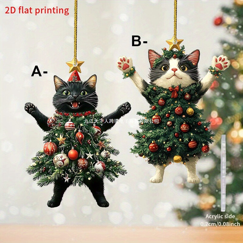 跨境热销2D 亚克力8*8cm，圣诞节穿圣诞树的小猫咪装饰亚克力挂|undefined