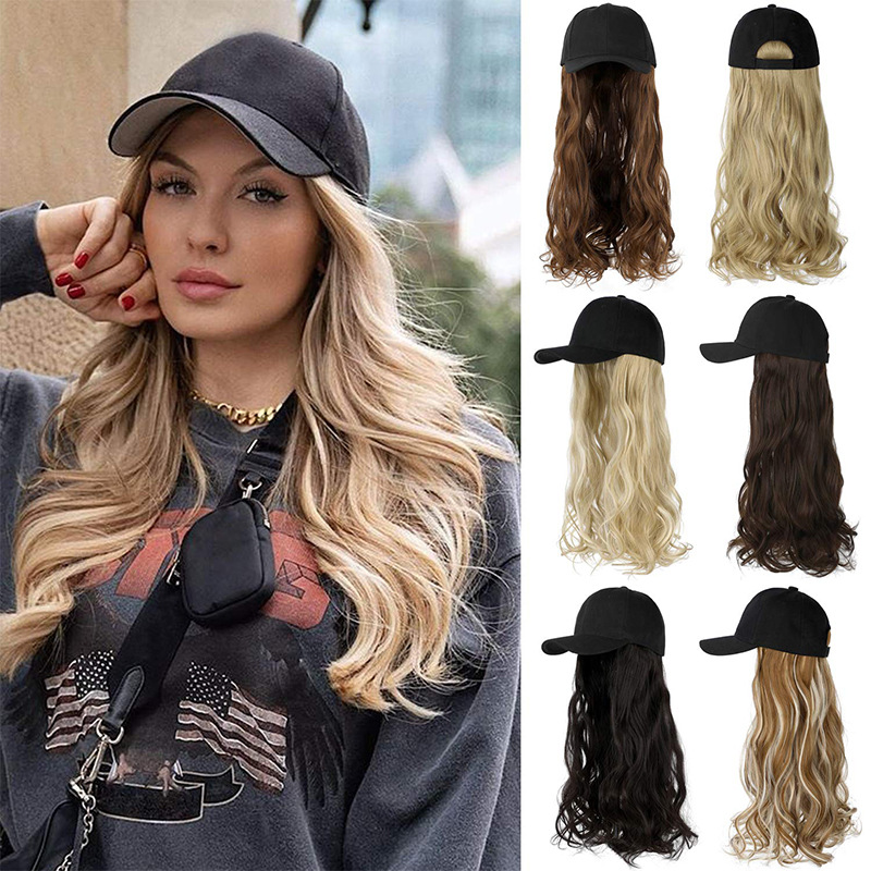 chapéu de peruca integrado feminino grande onda longa cabelo encaracolado bico de pato boné de beisebol chapéu peruca de fibra química boné de beisebol_voghion.com