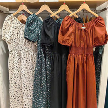 日单女装新款印花泡泡袖连衣裙收腰度假风甜美A字裙473075 473076