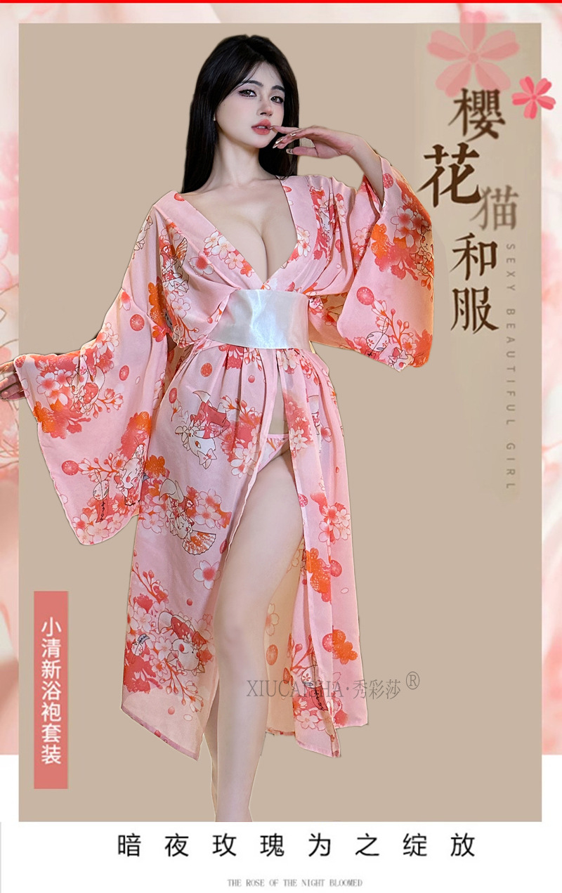 Pink Cherry Blossom Sheer Chiffon Kimono Robe, Japanese-Style Lingerie Cover-up, One Size — detail image 2