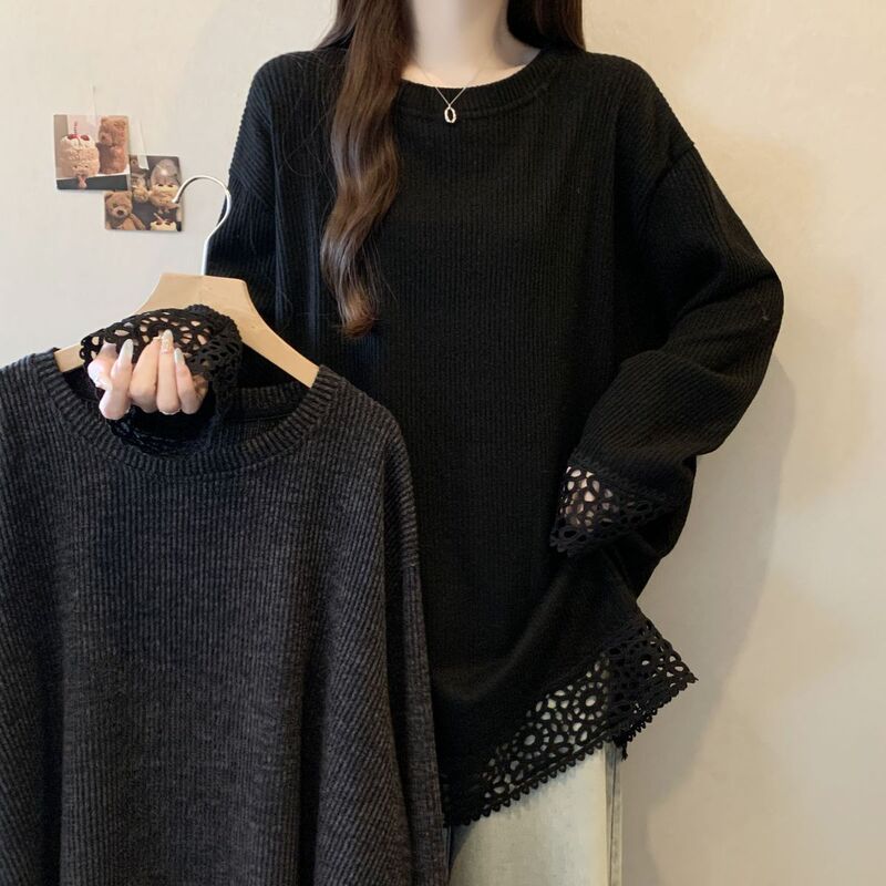 Plus-Size Thickened Thermal Lace Patchwork Long-Sleeve T-Shirt for Women, New Autumn and Winter Style, Loose Fit, Slimming, and Covering for Curvy Figures Plus-Size Thickened Thermal Lace Patchwork Long-Sleeve T-Shirt for Women, New Autumn and Winter Style, Loose Fit, Slimming, and Covering for Curvy Figures