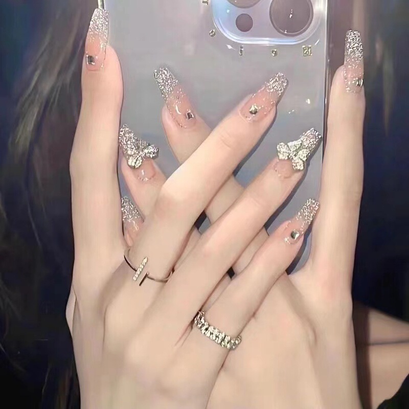 Fake Nail Patches with Crushed Diamonds and Bowknots, Fairy-Style Long Nails That Enhance Complexion, Finished Wearable Nails with Diamonds, Fairy Style