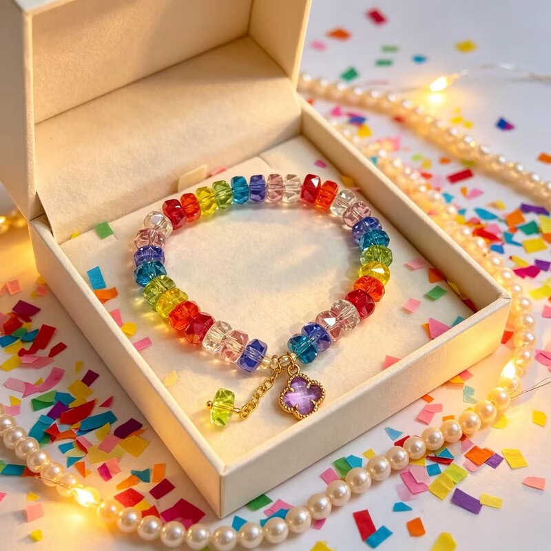 Rainbow Crystal Beaded Bracelet for Women, Light Luxury Niche Four-Leaf Clover Pendant, Ins Style Gift for Best Friends Rainbow Crystal Beaded Bracelet for Women, Light Luxury Niche Four-Leaf Clover Pendant, Ins Style Gift for Best Friends