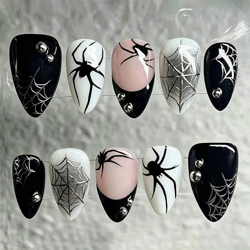 Halloween Dark Spider Web Wearable Nails, Hot Girl Gothic Style Almond Nails, Detachable Nail Stickers Wholesale