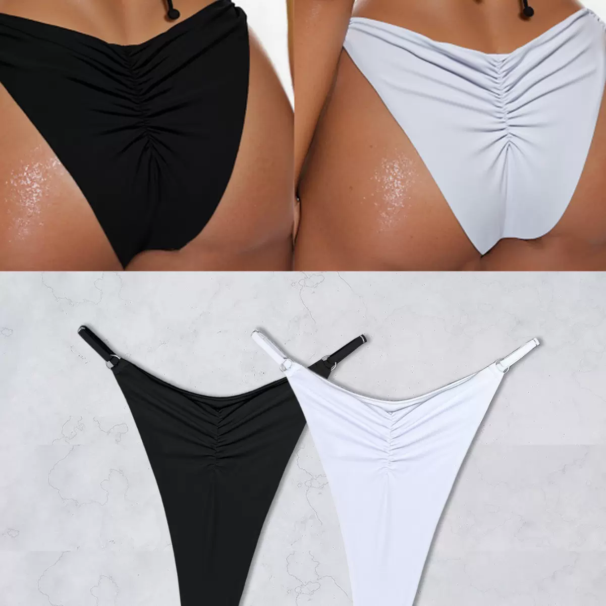 2026跨境欧美新款黑白褶皱可调节腰带两件套装性感丁字裤泳裤女