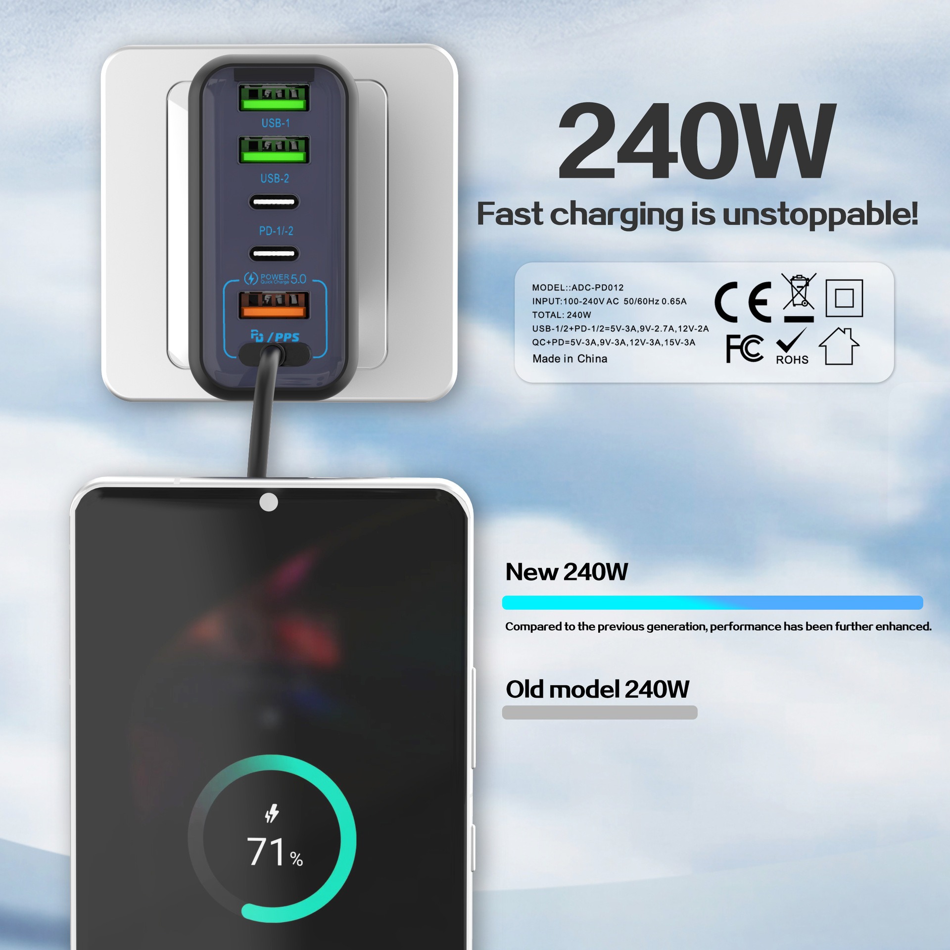 240W Çok Portlu Telefon USB Şarj Cihazı Üç-in-Bir Hızlı Şarj PD Şarj Başlığı Çoklu Delikli iQOO Şarj Başlığı Evrensel