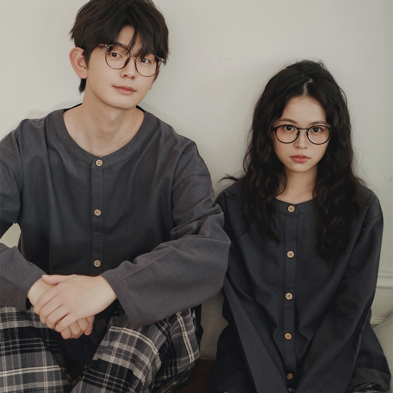 心有山海72-无印情侣睡衣女秋冬季纯棉法兰绒无印家居服男款大码