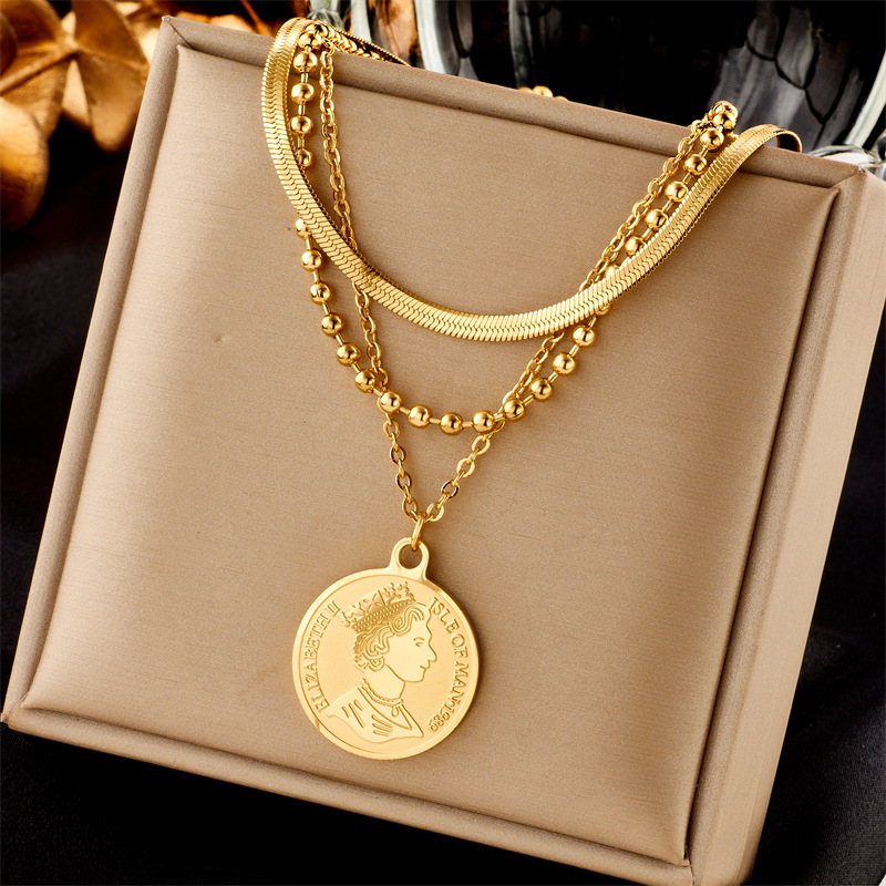 Double Layer Necklaces, Pendant Necklace, Necklace Classification Titanium Steel Chain Material Wholesale Jewelry Lady Modern Style Classic Style Round Oval Eye Titanium Steel Plating Double Layer Necklaces Pendant Necklace Necklace