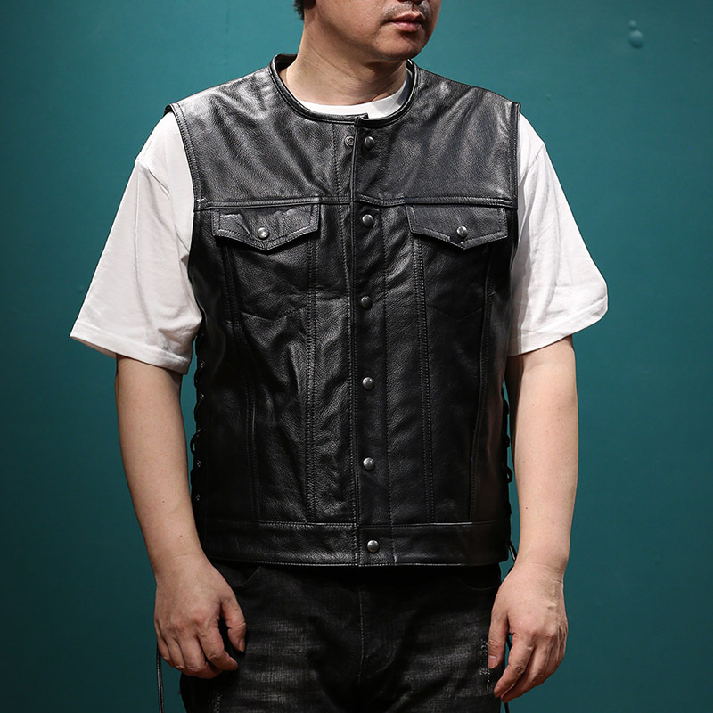 Harley Chaleco de la motocicleta de cuero de roca Chaleco de los hombres cuello redondo casual cintura corta superior capa de vaca chaleco