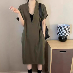 plus size MM Vintage Hepburn Zipper Long dress Women's Summer All-match V-neck Skirt Loose Slim Belly Covering Long Skirt
