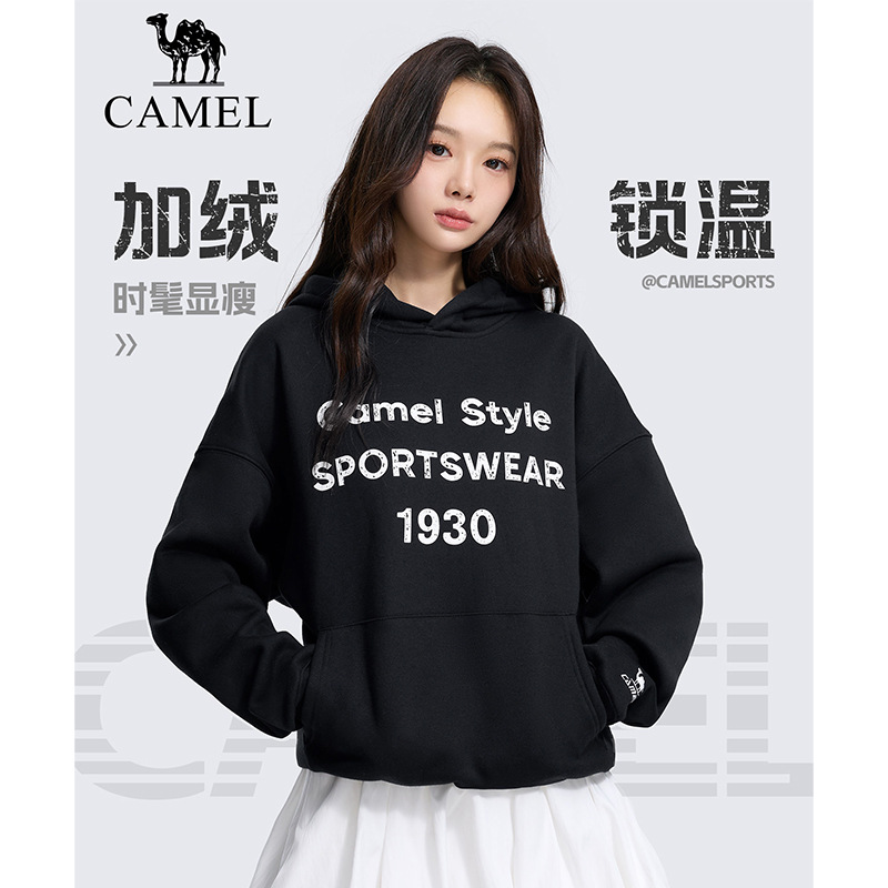 Camel sports pullover sweatshirt for women, new style, fleece-lined, warm, loose-fitting, casual sportswear, long-sleeved top for men and women