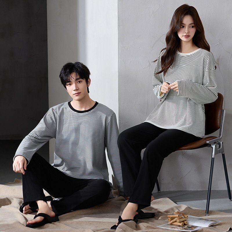 Pajamas de pareja otoño y invierno de ternudo catiónico de manga larga rayas oscuras de alta calidad caliente conjunto de ropa de hogar caliente