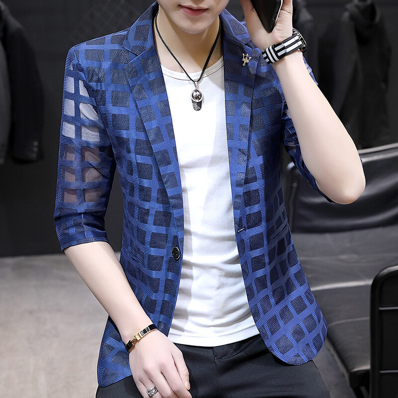 Summer Ice Silk Three-Quarter Sleeve Suit Men's Thin Short Casual Jacket Korean Style Handsome Mid-Sleeve Printed Small Suit