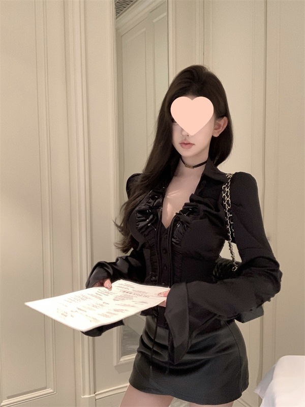 蕾丝拼接露背长袖衬衫女夏季修身绑带领衬衣设计感甜辣红色上衣|undefined
