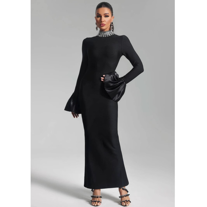 2024 European and American Cross-border Stapler Round Neck Trumpet Long Sleeve Slim-fit Elastic Bandage dress Party Banquet Evening Dress