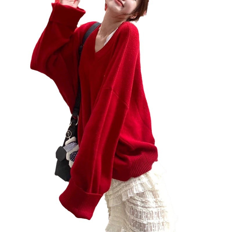 Retro colored long sweater, knitted jacket, V-neckline