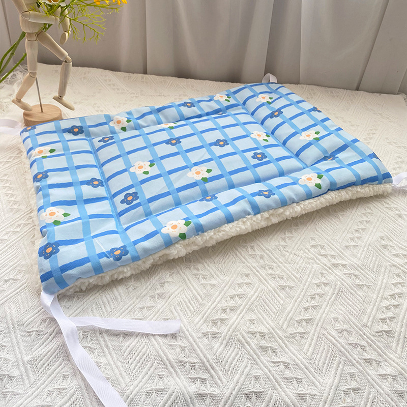 블루 격자 무늬 작은 꽃 기모