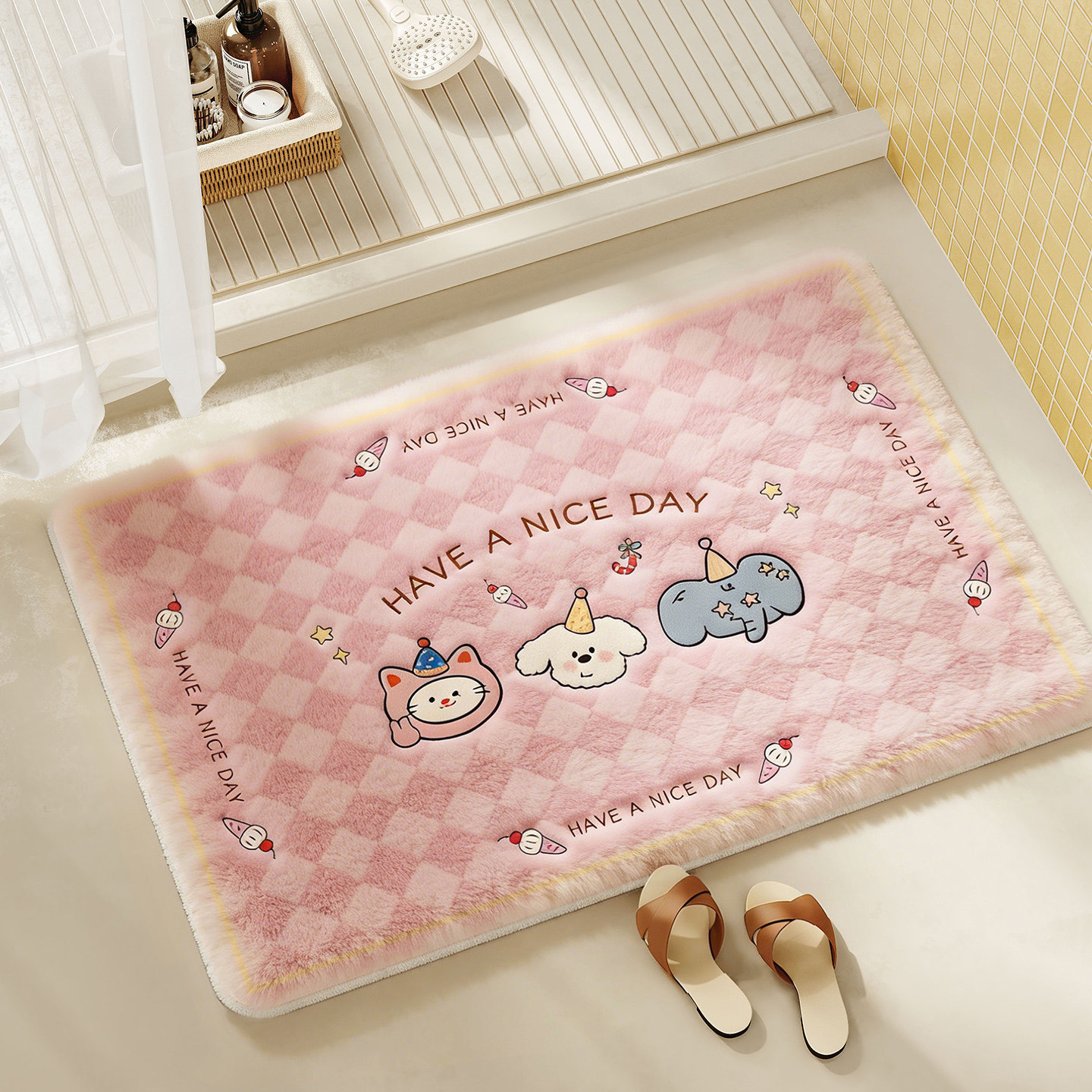 Cute Cartoon Imitation Cashmere Carpet for Bathroom, Water-Absorbent Non-Slip Carpet for Entrance Door and Foyer, Available for Dropshipping
