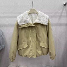 2025冬季新款时尚羊羔毛拼接大翻领棉服女中长款派克服休闲外套