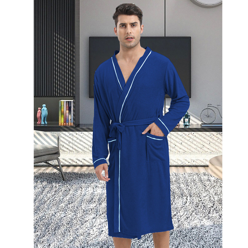 European and American Cross-Border Amazon Men's Terry Cloth Contrasting Color Hemming Classic Long-Sleeved Bathrobe Nightgown Dressing Gown