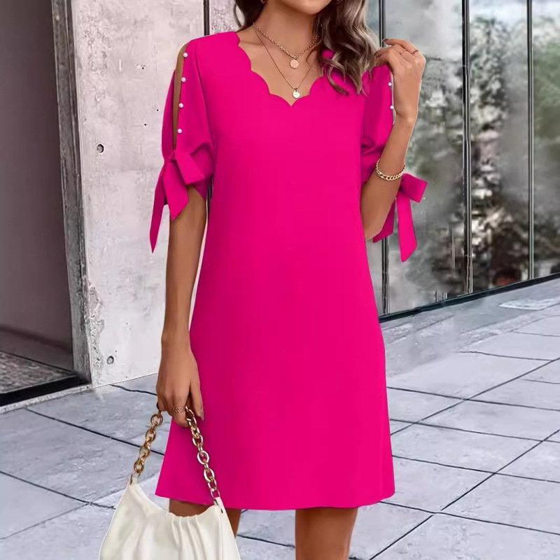 Europe and the United States cross-border new sexy hollow open shoulder bubble bead strap sleeve round neck dress