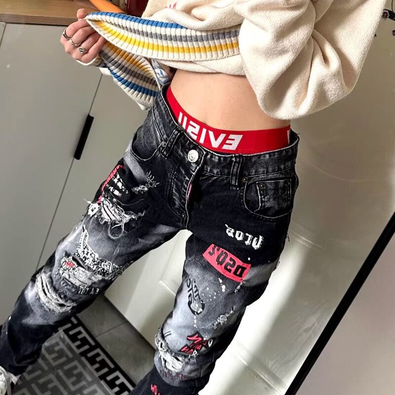 High Street Style Splatter Paint Ripped Washed Jeans Unisex Mid-Waist Printed 2026 Spring and Autumn New Versatile Straight-Leg Pants