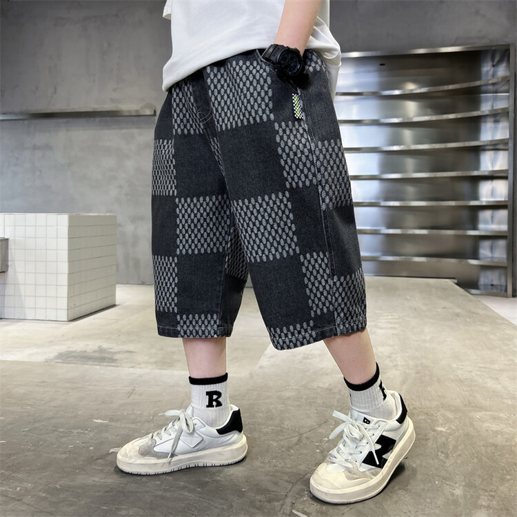 Boys' Summer Pants 2024 New Summer Children's Plaid Denim Shorts Boys Middle and Large Children's Five-point Pants Thin