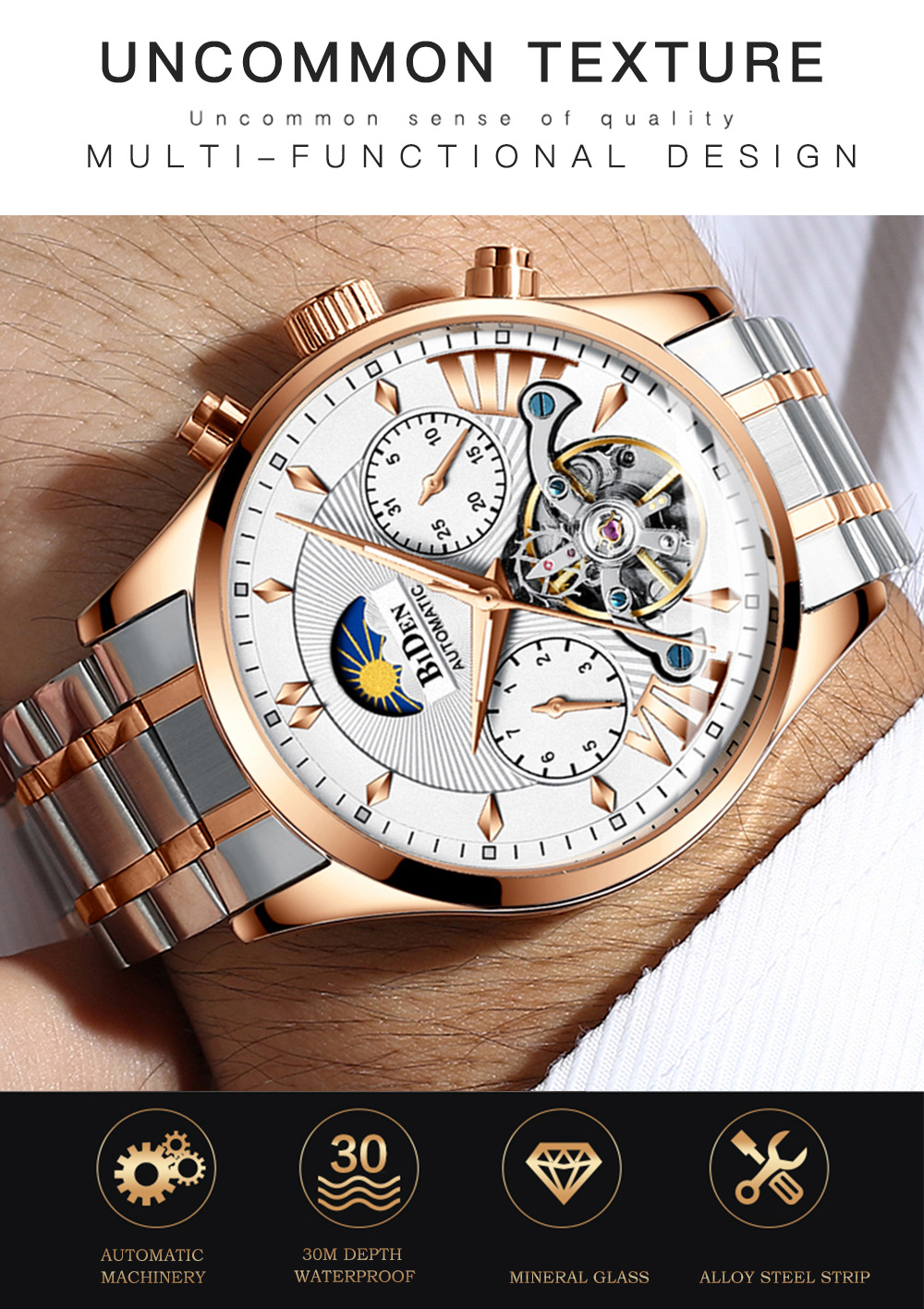 Biden Men's Mechanical Watch Multifunctional Sun Moon Star Luminous_voghion.com