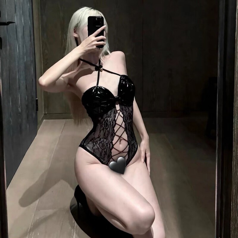 Hot and Sexy Lace Lingerie Set with Open Crotch, Bell-Shaped Cross Straps, and Patent Leather Sexy Bodysuit for Women