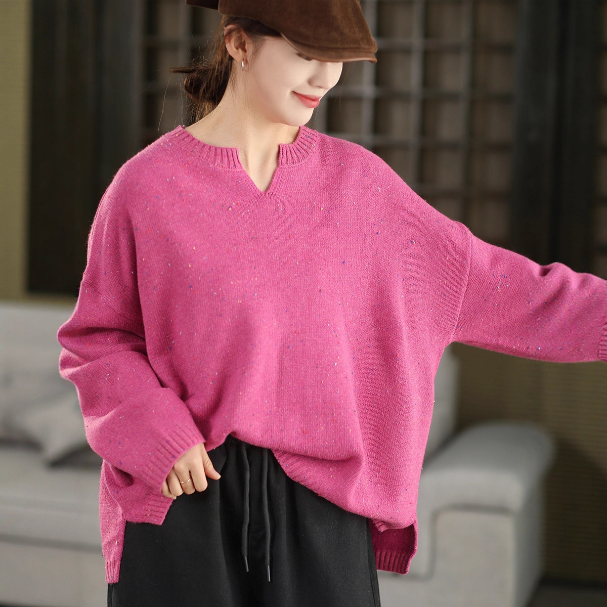 加厚彩点棉线毛衣 2025新款气质加厚套头衫文艺宽松显瘦长袖上衣