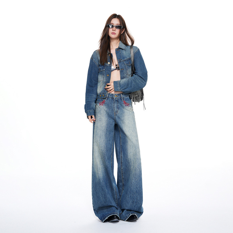 New Fall/Winter 2026 Hot Girl Outfit Set: Loose Denim Jacket and Rhinestone Jeans, Supports Dropshipping