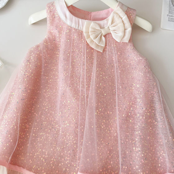 2024 Summer New Girls Sleeveless Bow Mesh dress Girls Cute Elegant Princess Dress 24268