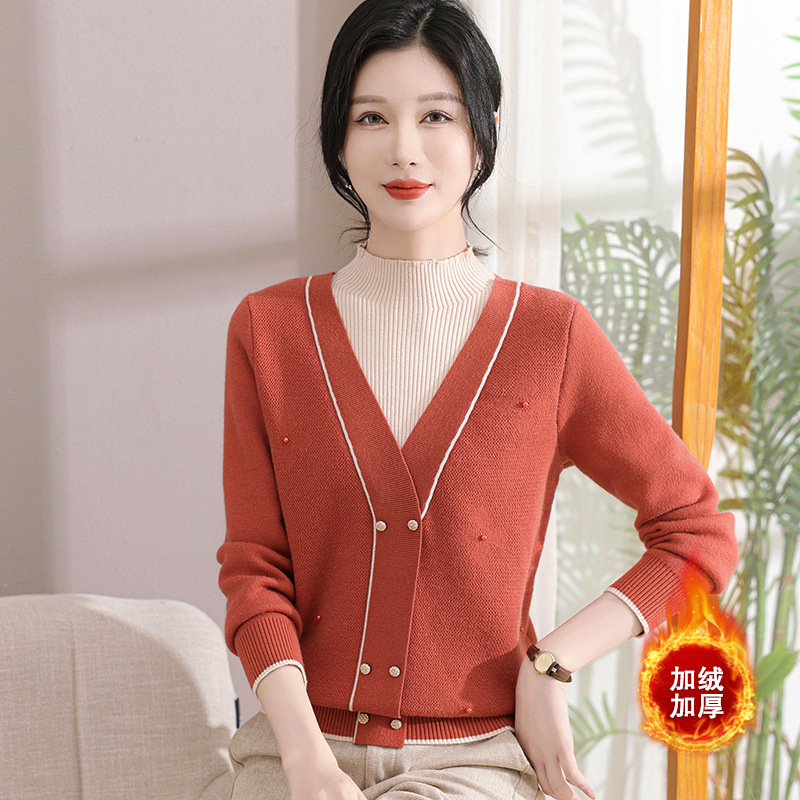 中年款2024洋气小衫新款加绒妈妈酒红色上衣女冬季假两件毛衣打底，女装卫衣/绒衫，妃慕昵服饰