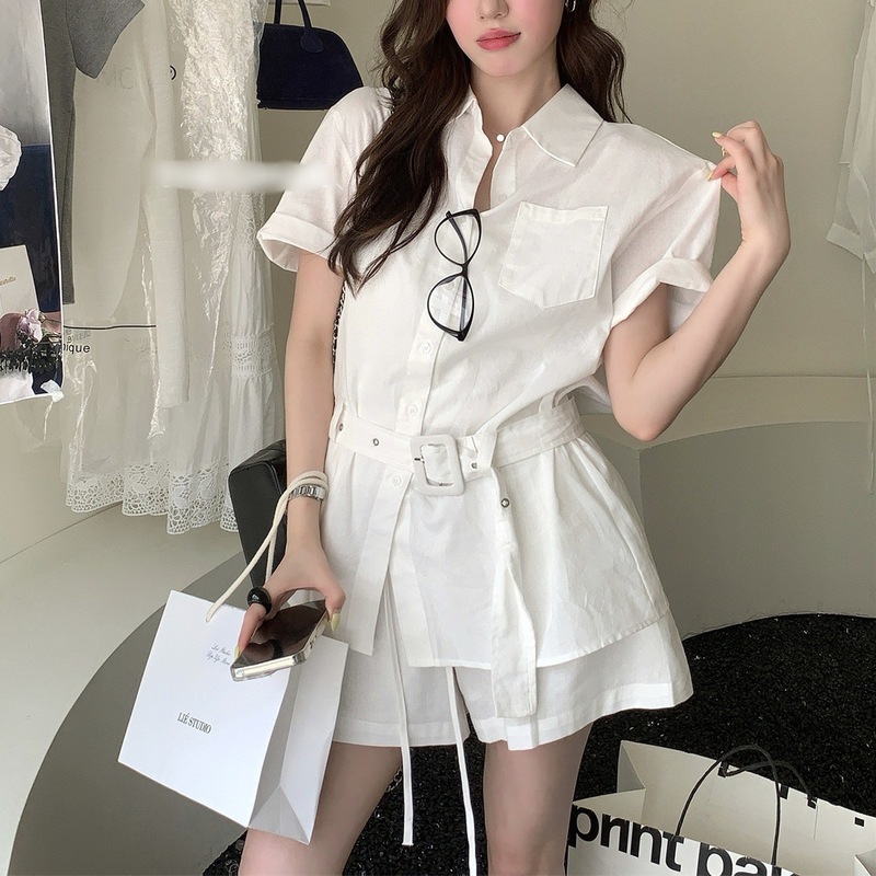 韩系新款时尚百搭女2025夏季设计感翻领短袖衬衫高腰显瘦短裤套装|undefined