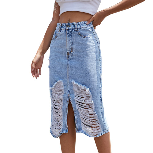 20093# Amazon Women's European and American INS Retro Ripped Personality High-Waist Slim Denim Skirt Trend