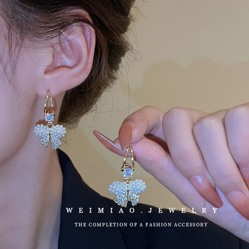 Silver needle real gold electroplated zircon pearl bow earrings light luxury luxury internet celebrity fashionable temperament earrings wholesale