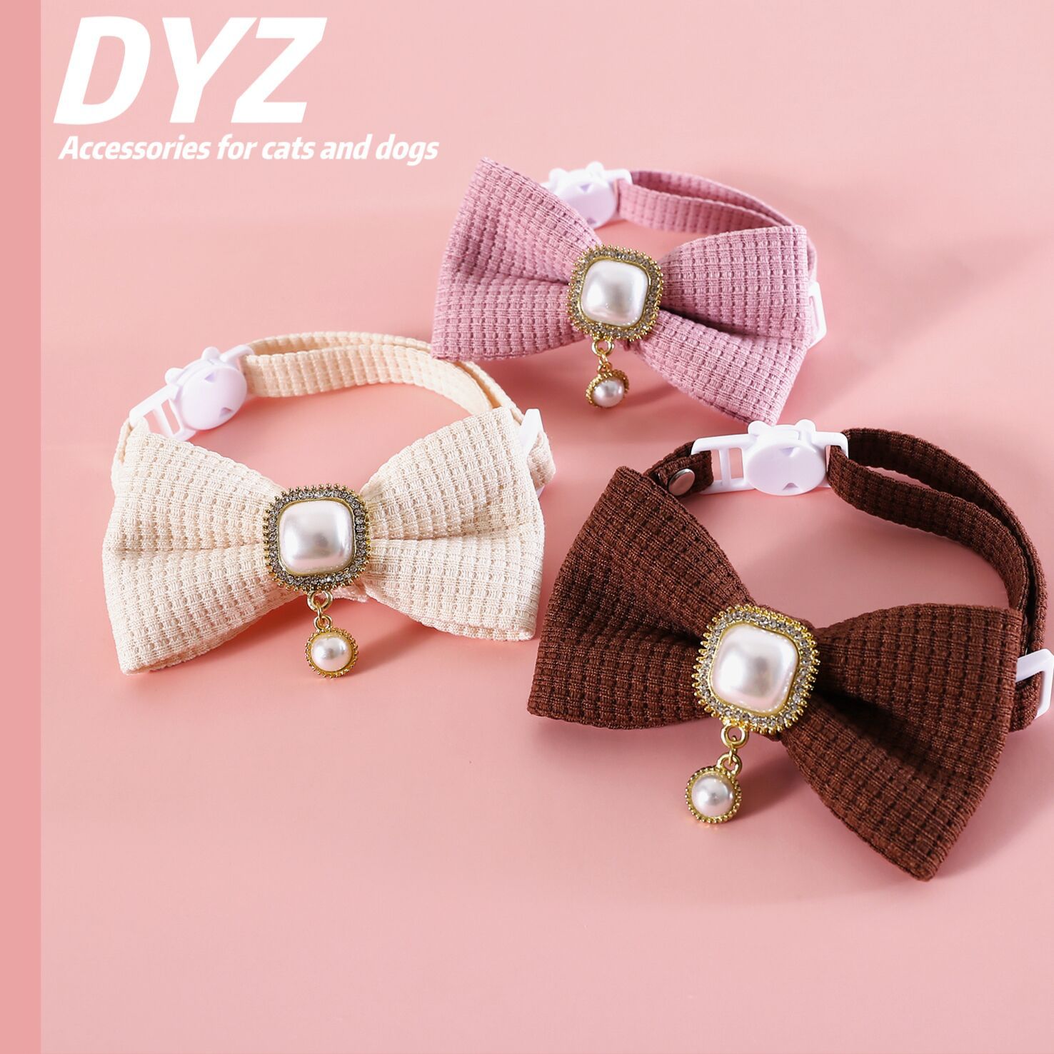 Plaid waffle pet corbata Merad estilo retro perla colgante taladro arco accesorios gatos perros collares
