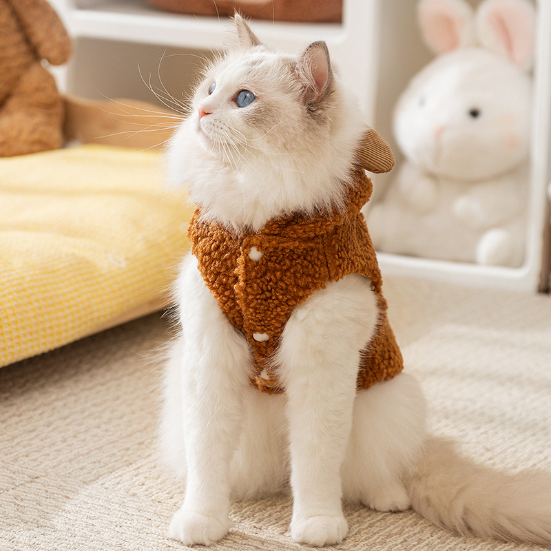 Brown lindo viento pequeño animal estereoscópico orejas cola sin mangas tracción ropa de peluche gato dos patas mascotas suministros para gatos image 2